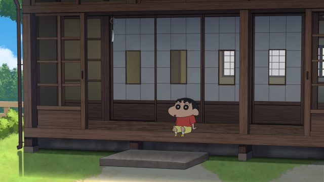 坐着 黑眼睛 孩子 动漫 男孩 蜡笔小新 动漫 截图 阳光 短袖 黑发 木头 4K壁纸