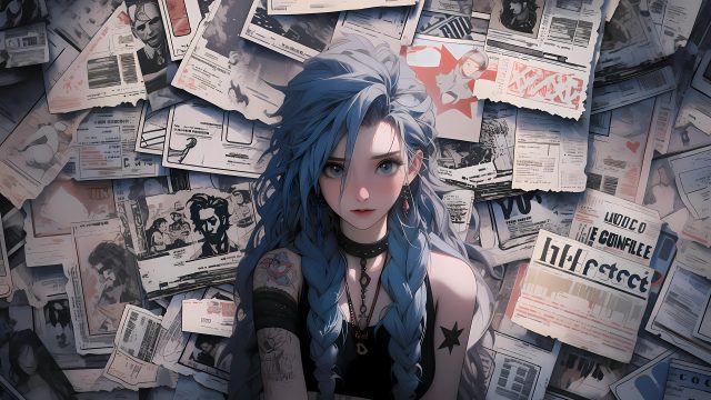 金克丝 蓝色双马尾辫 报纸墙 金克斯 电脑壁纸 4k 超清 4K壁纸