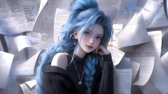 金克丝 蓝色头发 黑色外套 报纸墙 4K 动漫 壁纸 4K壁纸