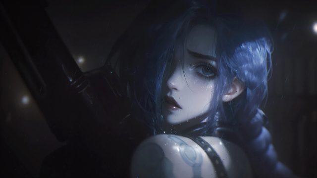 金克斯 回眸 回头 雨水 蓝色头发 辫子 英雄联盟 双城之战 4K壁纸