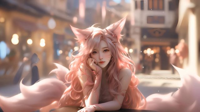 阿狸 美女 兽耳 长卷发 唯美 4K 动漫 壁纸 狐狸 狐尾 狐耳 4K壁纸